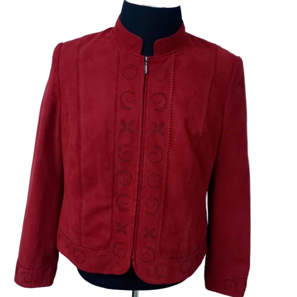 Conrad C Collection Womens 14 Red Faux Suede Full Zip Long Sleeve Jacket